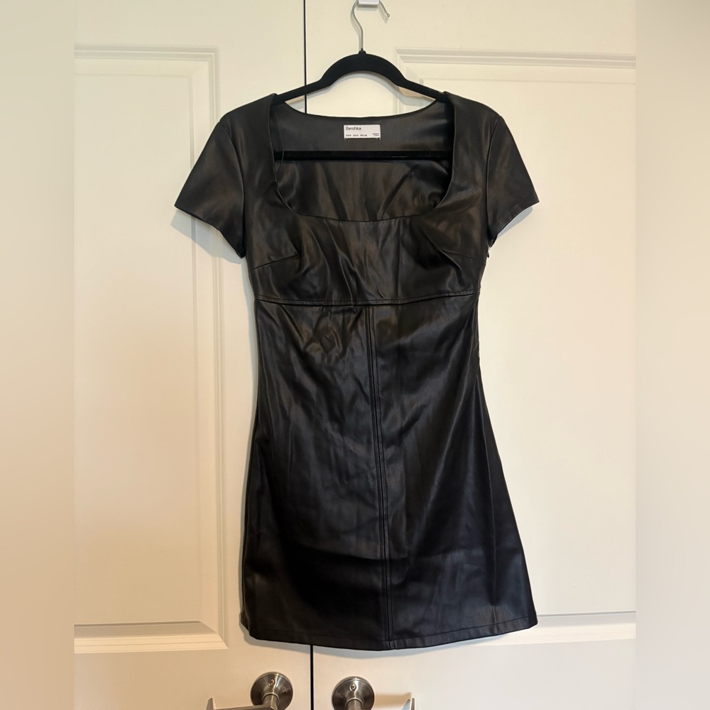 Bershka Black Faux Leather Scoop Neck Mini Dress
